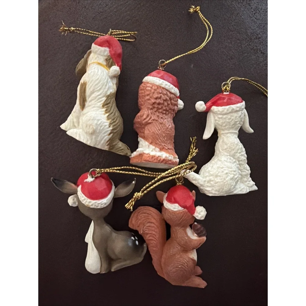 Vintage Woodland Animal Ornaments Lot of 5 Santa Hat Critters Christmas Tree